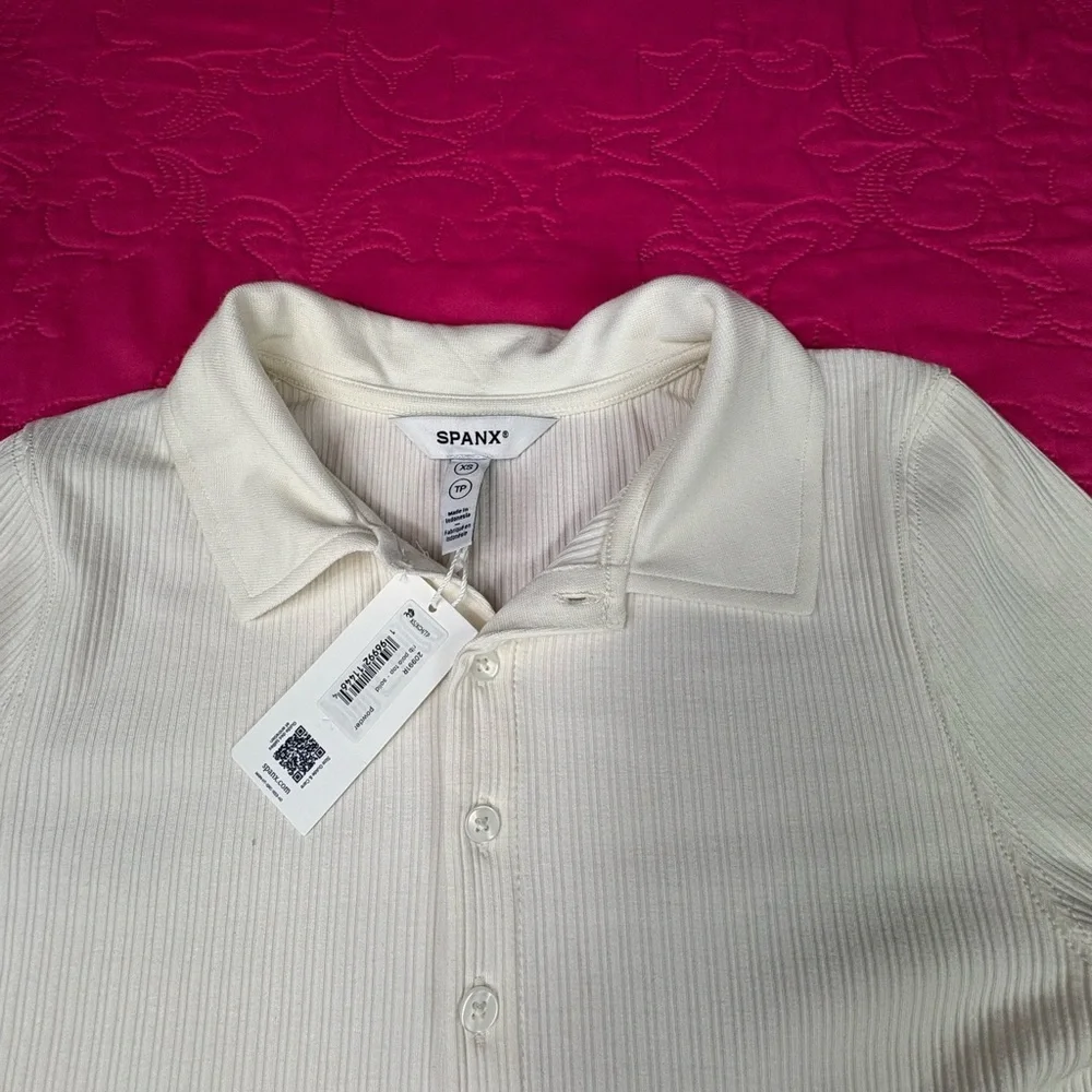 SPANX Ivory Ribbed Button-Up Top
